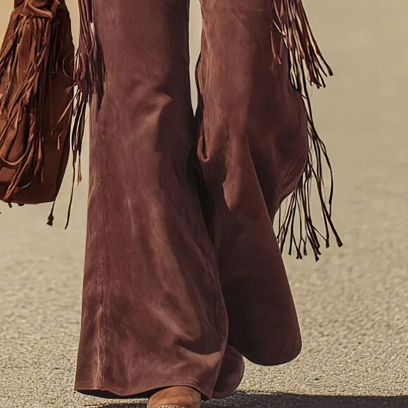 Brown Boho Women's Tassel Button Back Wide flared Leg overall Pants - Picture 4 of 4